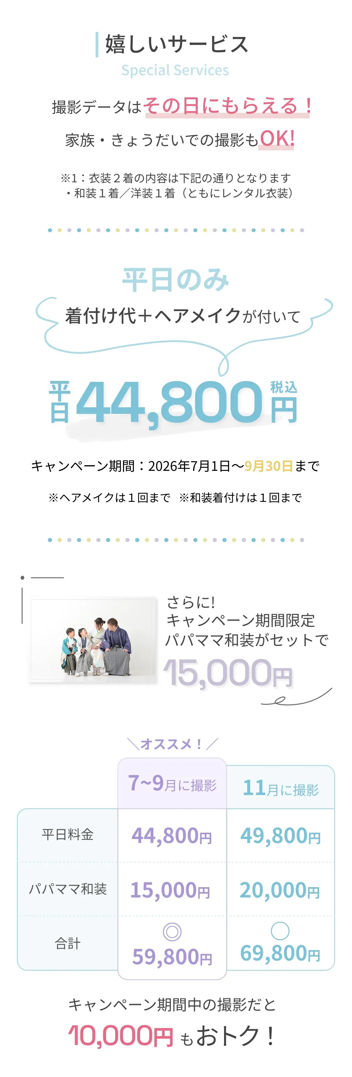 嬉しいサービス／平日44,800円／パパママ和装がセットで15,000円／料金表